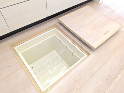 守谷市薬師台　第14　新築戸建　2号棟のキッチン|キッチン周りのストック品収納に便利な床下収納。
かさばる飲料水や調味料をまとめてストックでき、キッチンがスッキリ片付きます。
