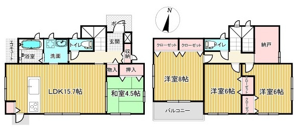 【間取り】 | 八本松飯田7丁目　太陽光発電つき４ＬＤＫ＋Ｓ、ウッドデッキ、サンルーム | 太陽光発電5.12ｋＷつき４ＬＤＫ＋Ｓ、ウッドデッキ、サンルームつき戸建て　車３台～駐車可能　※エアコン２台つき　