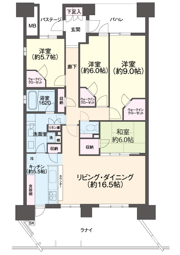 浴室に窓がある12階の角部屋、４LDKマンション
