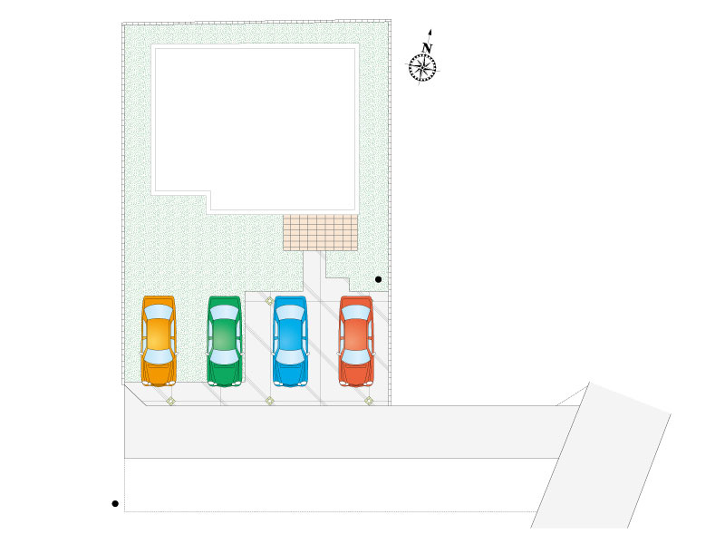 【2号棟:区画図】駐車4台可能。ゆとりある駐車スペースを確保。ご家族の増車はもちろん、来客時にも余裕を持って停められる便利さ。ご家族のライフスタイルにゆとりをプラスします。
