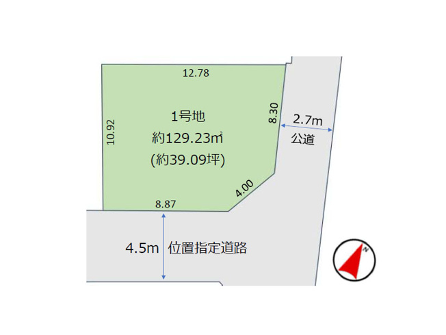 【土地図】 | 練馬区西大泉町　建築条件無売地　全1区画　(保谷店) | 陽当たり良く開放的な南東角地！約39坪の建築条件なし売地です。※図面を基に作成しています。現況と異なる場合は現況を優先いたします。