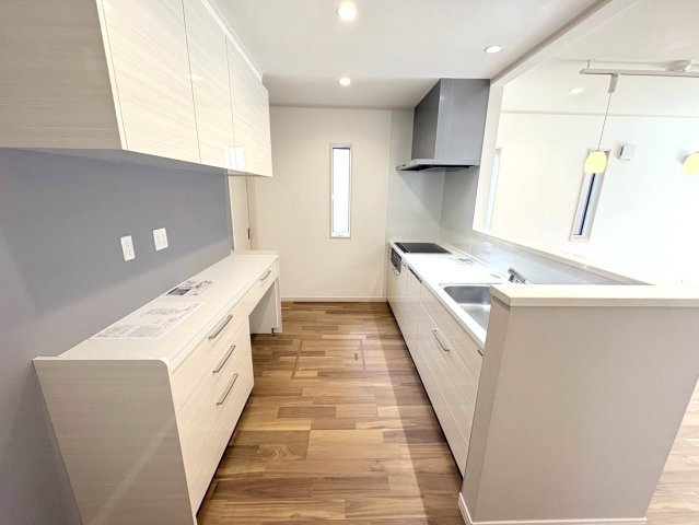 新築戸建　各務原市那加日吉町　全1区画分譲のキッチン|機能的なシステムキッチンです。収納力に優れた大容量の引出しでキッチン回りがスッキリ片付きます。