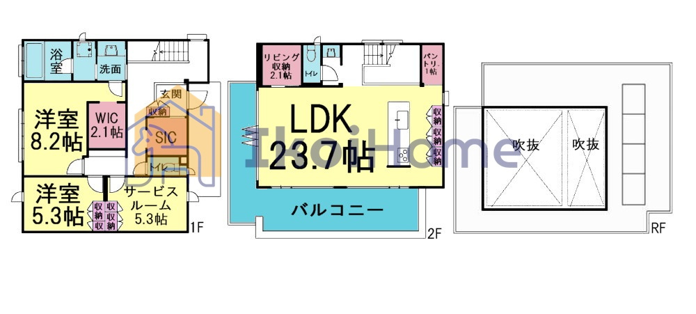 神戸市西区宮下１丁目　中古戸建の間取り|リビング23.7帖は魅力的です！WIC・SIC・パントリー完備で収納豊富です！ベランダも広いです！