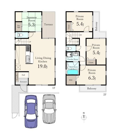 和光市新倉2丁目 全2区画 B区画の参考プラン|建物面積96.04㎡　4LDK　WIC　2面バルコニー　カースペース並列2台
　建物参考価格2470万円(税込)