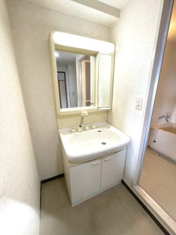 トーカンマンション山根町センターウイングの独立洗面台|シャワー付き洗面台。洗面台横にはスペースがあるため、収納棚の設置も可能です。