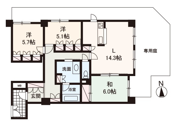 【間取り】 | セントラルパレス東豊中 | 全居室が専用庭やバルコニーに面した3LDK。風通し良く開放感溢れる住まいです。収納豊富で居住空間を有効的にご使用いただけます！