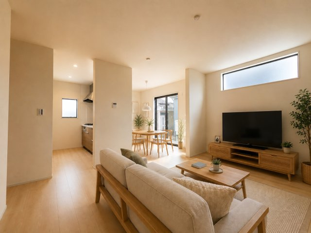 瑞穂町箱根ヶ崎　新築戸建全2棟の居間・リビング|どんなインテリアもOK！シンプルな造り、お好きなインテリアも選びたいですね。※家具はCGイメージです