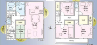 【間取り】 | 厚木市下川入  1号棟 第19 | 4LDK　防犯カメラ（利用時Wifi接続必要）　人感センサー付玄関灯　二部屋から行き来できる南向きバルコニー　浴室乾燥機+窓　全居室収納（WIC1箇所）　LDK19.5帖（畳コーナー含む）