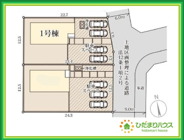 ひたちなか阿字ヶ浦町第4　新築戸建　1号棟の区画図|カースペース4台ＯＫ！来客用にもスペースを確保できて安心ですね(^^)/