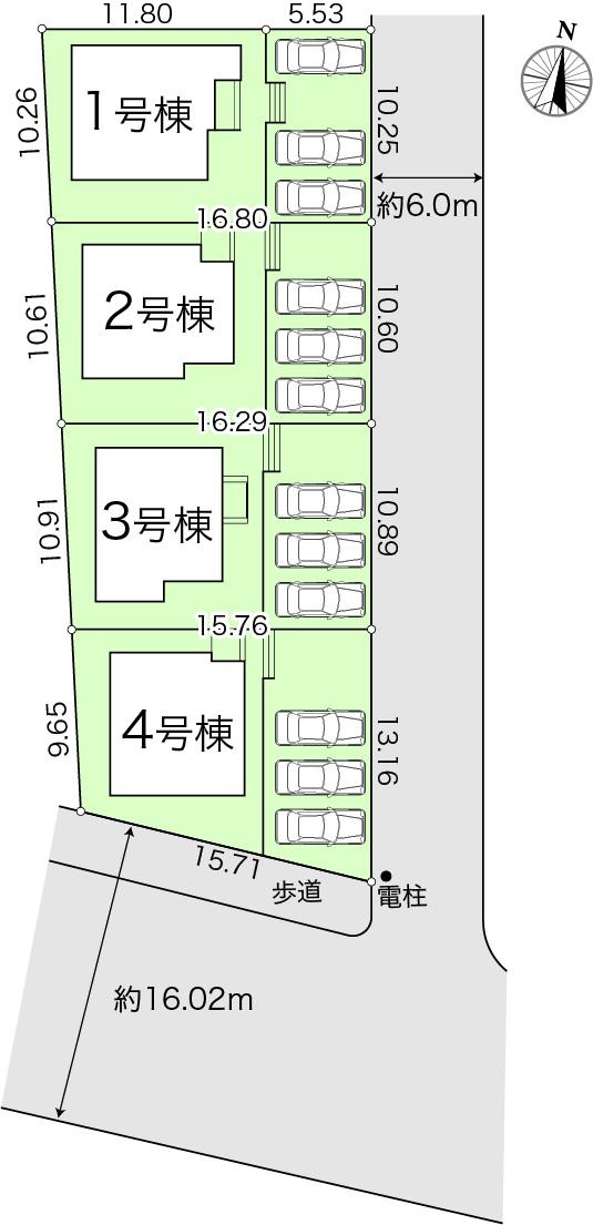 南国市緑ヶ丘3丁目　新築戸建　3号棟【太陽光発電システム】（全4区画）の区画図|3号棟　土地面積　174.71㎡　（約52.84坪）