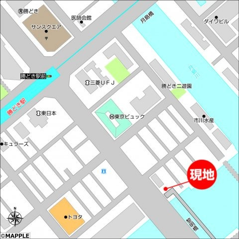 勝どき２丁目地図です。トリトンへの橋のふもとが対象不動産となります。