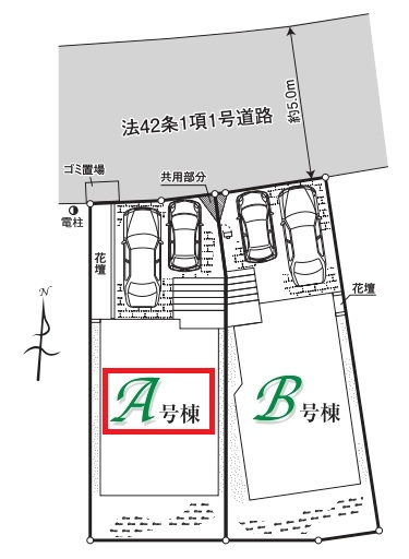 所沢市中新井4丁目・全2棟　新築一戸建　A号棟の区画図|【全2棟・A号棟】
並列駐車2台可能です。(車種制限あり)