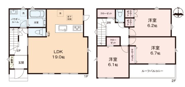 ふじみ野市仲２丁目の新築一戸建の間取り|全居室6帖以上のゆとりの住空間。
食洗機や浴室乾燥機など充実の設備仕様で快適な暮らしを♪