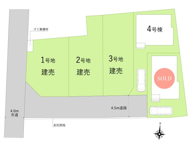ふじみ野市仲２丁目の新築一戸建の区画図|通り抜けできない前面道路につき小さなお子さまにも安心です。