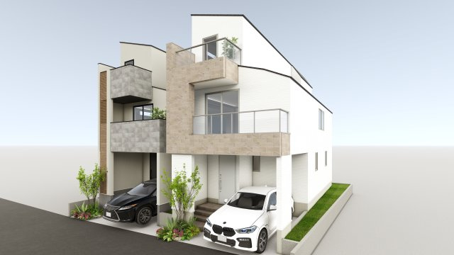【外観パース】 | 大井6丁目＿売地B区画 | 建物プラン例（B号地）建物価格:3320万円、建物面積126.55㎡