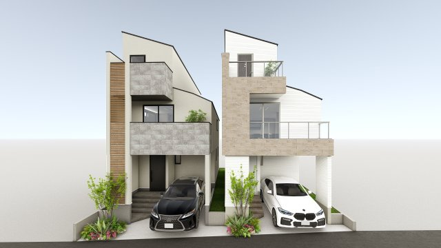【外観パース】 | 大井6丁目＿売地B区画 | 建物プラン例（B号地）建物価格:3320万円、建物面積126.55㎡
