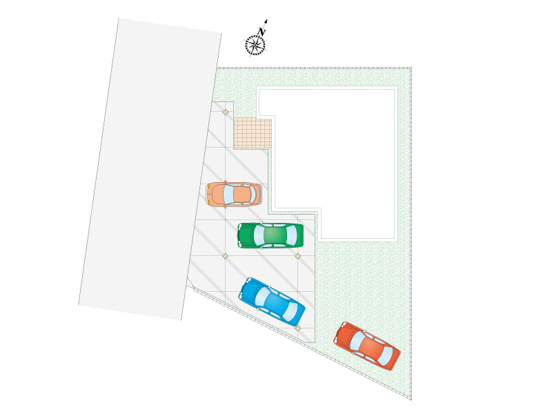 【9号棟：区画図・駐車場配置図】最大4台駐車可能です！周辺道路は交通量が少ない為、お子様のいらっしゃるご家庭でも安心です。
