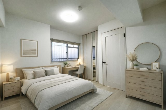 【ReDream】ライオンズマンション淀リバーサイドの洋室|やさしい色合いに包まれた、心ほどける洋室。一日の終わりを、静かに癒すくつろぎの空間！※本画像の家具・インテリアはCG合成です。実際とは異なります