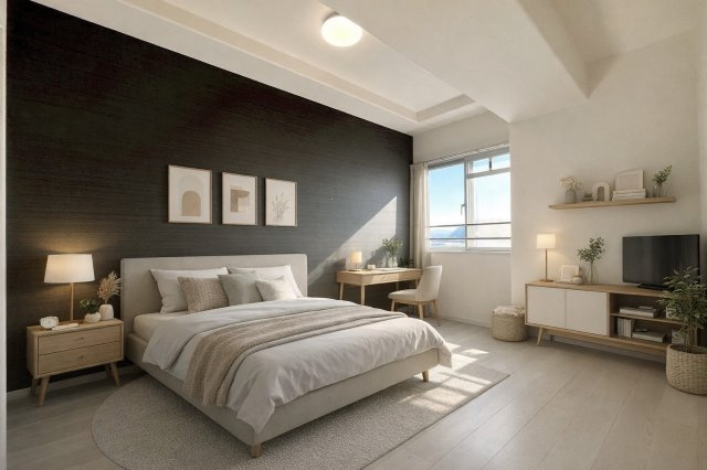 【ReDream】ライオンズマンション淀リバーサイドの洋室|落ち着きあるアクセントクロスが映える洋室。光と陰影がつくる、洗練されたくつろぎの空間！※本画像の家具・インテリアはCG合成です。実際とは異なります。