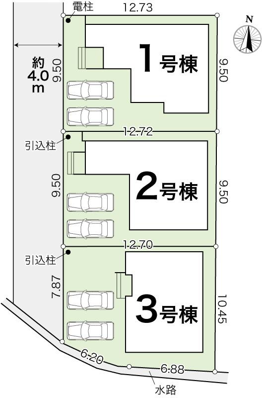 東城山町　新築戸建　2号棟（全3区画）の区画図|2号棟　土地面積　120.8㎡　（約36.54坪）