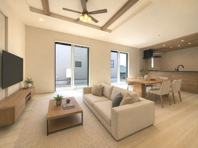【居間・リビング】 | 福岡市東区美和台5丁目2期　3号棟（全3棟）【仲介手数料無料・0円】 | 施工例。リビングです。施工例は完成時と異なる場合があります。