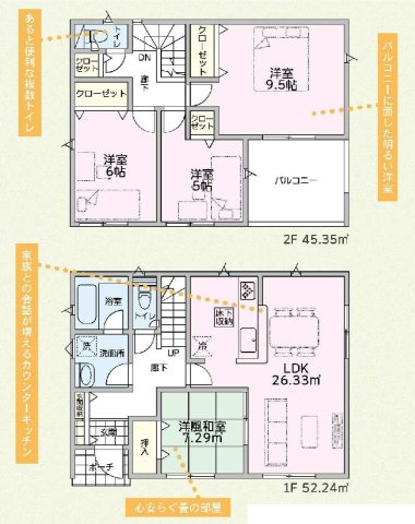 新築　太田市新田大根町第2　クレイドルガーデン　1号棟　の間取り|建物面積97.59㎡　広々26.3帖LDK・全居室南向きで日当たり良好！各部屋収納付きで便利です！インナーバルコニーなので突然の雨でもお洗濯物も安心です♪
