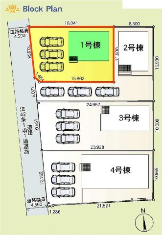 新築　太田市新田大根町第2　クレイドルガーデン　1号棟　の区画図|1号棟　区画図　西側接道幅員約4.5ｍ			
	
