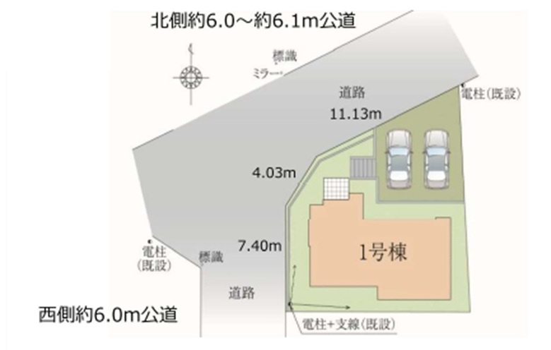 所沢市小手指南1丁目・全1棟　新築一戸建　～北西角地～の区画図|並列駐車2台可、日当たり・通風良好な北西角地です。