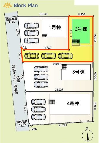 新築　太田市新田大根町第2　クレイドルガーデン　2号棟　の区画図|2号棟　区画図　西側接道幅員約4.5ｍ			
	
