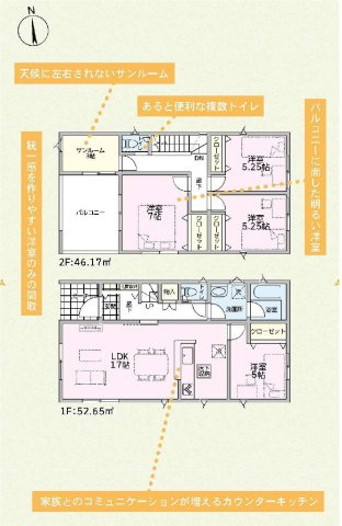 新築　太田市新田大根町第2　クレイドルガーデン　3号棟　の間取り|建物面積98.82㎡　3帖のサンルーム付きプラン！各部屋収納付きで便利です！インナーバルコニーなので突然の雨でもお洗濯物も安心です♪
