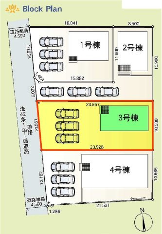 新築　太田市新田大根町第2　クレイドルガーデン　3号棟　の区画図|3号棟　区画図　西側接道幅員約4.5ｍ			
	

