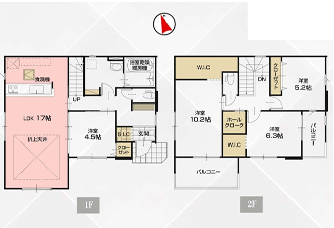 【間取り】 | LIGARE久喜市鷲宮 8期　新築住宅 | 主寝室10.2帖■ウォークインクローゼット■LDK17帖■シューズクローク■リビング折り上げ天井