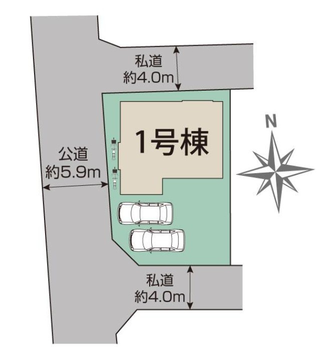 ブルーミングガーデン宇都宮市泉が丘7丁目の区画図|敷地面積：164.96㎡　接道：西側5.9ｍ(公道)、北側4.0ｍ(私道)、南側4.0ｍ(私道)