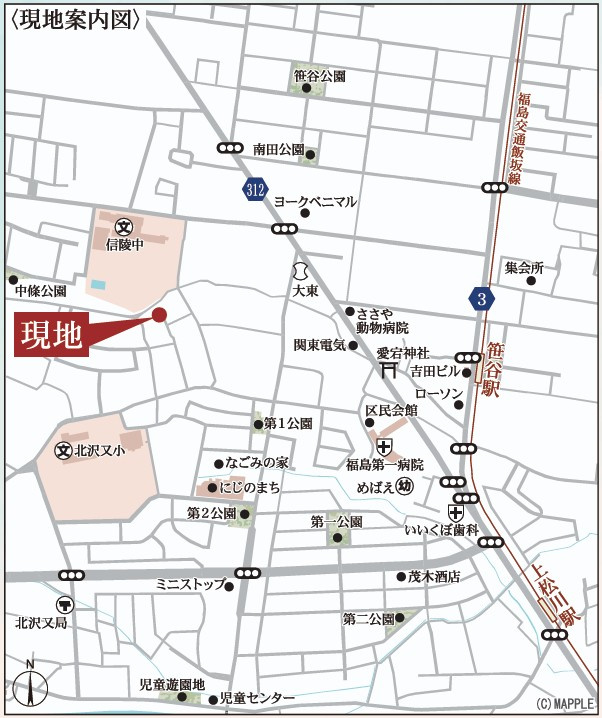 新築戸建・新築建売　福島市北沢又下台第3　北沢又小・信陵中の地図