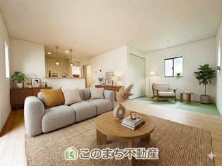 【居間・リビング】 | CRADLEGARDEN宇都宮市宝木本町第7　1号棟 | 大きいダイニングテーブル、カウチ付きソファ、大型ＴＶも気兼ねなく配置可能！！
※家具・什器・調度品・植栽・カーテンなどはCG加工しております。販売価格には含まれません。
