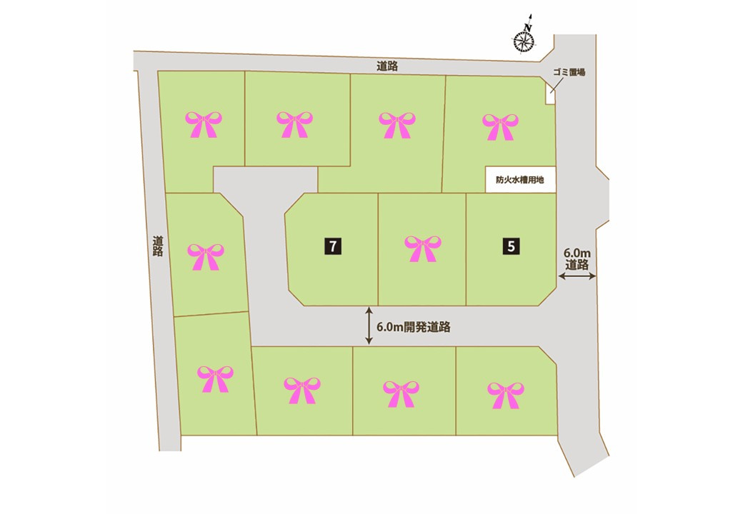 古河市女沼　全12区画◆全体区画図　分譲地内の開発道路は6mと幅広く、お車の出し入れもスムーズで安心です♪ゴミ集積所も敷地内に完備。美しい街並みの中で、新しい暮らしを心地よくスタートできます！