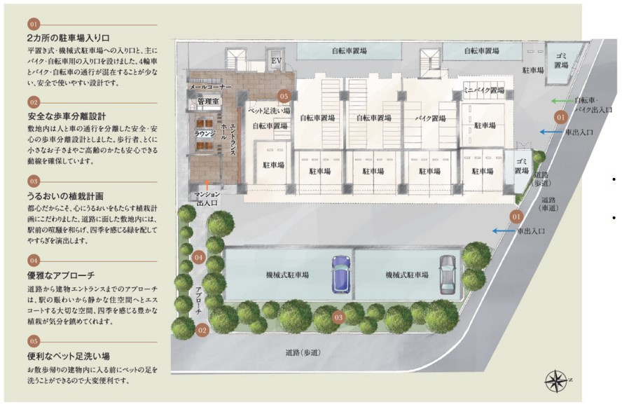 グランフォーレ大橋駅前レジデンスのその他|駅前、角地、２面道路を特性を活かした設計。安全、安心な歩車分離設計