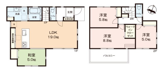 ふじみ野市駒西１丁目の新築一戸建の間取り|広い洗面室は忙しい朝も家族で快適に使えます。
水回りが集中していて家事動線も楽々です。
