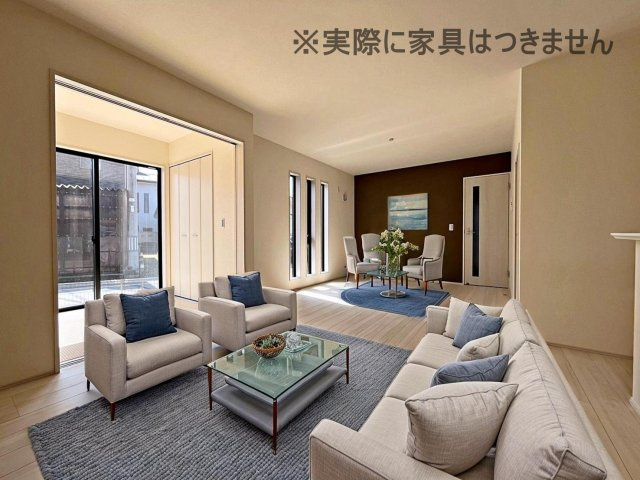 新築戸建・新築建売　福島市笹木野町裏第4　野田小・野田中の居間・リビング|画像はバーチャルホームステージングの加工による演出で、実際の家具は付きません。