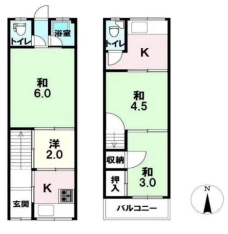 城東区中浜１丁目中古戸建の間取り|中古戸建　2K　土地面積：32.85㎡(公簿）　建物面積：26.74㎡　南向き