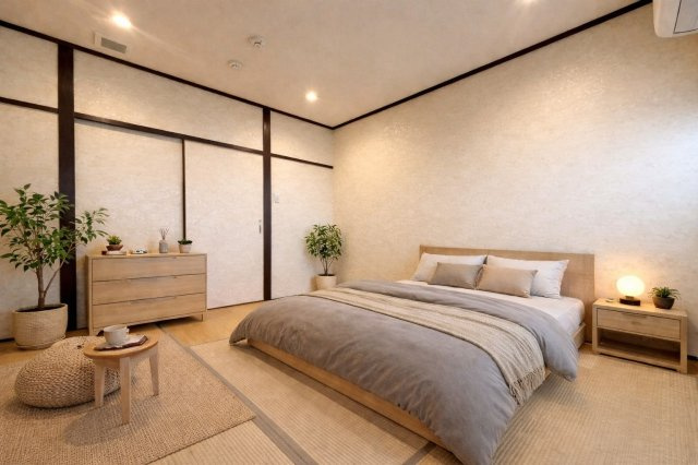 深草勧進橋町の和室|落ち着いた雰囲気の寝室。木の温もりとやわらかな照明に包まれ、日々の疲れを癒す心安らぐ空間です。
※本画像は実際の写真にCG加工を加えたもので実際とは異なります。

室内（2026年3月）撮影