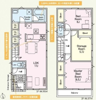 【間取り】 | 平塚市長持  1号棟 第15 | 2LDK+1S（洋室仕様）　防犯カメラ（利用時WiFi接続必要）　引き違い窓シャッター付　人感センサー付玄関灯　南向きバルコニー　浴室乾燥機+窓　各部屋収納　リビング収納　LDK17帖　メイン洋室8帖