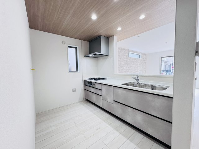 市川市下貝塚３丁目新築戸建【宮久保小学校：9分】のキッチン|広々システムキッチン・シンクの水栓には浄水器がついてます！