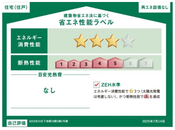 市川市下貝塚３丁目新築戸建【宮久保小学校：9分】の省エネ性能ラベル|省エネ性能ラベル・ZEH水準