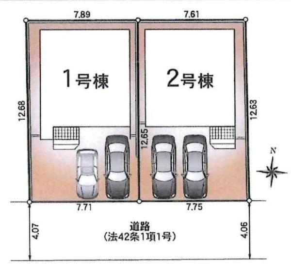 岡崎市上地町第8　全2棟・1号棟の区画図