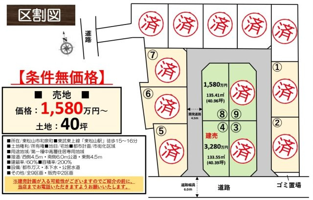 【仲介手数料無料】新築戸建　東松山市和泉町6付近の区画図
