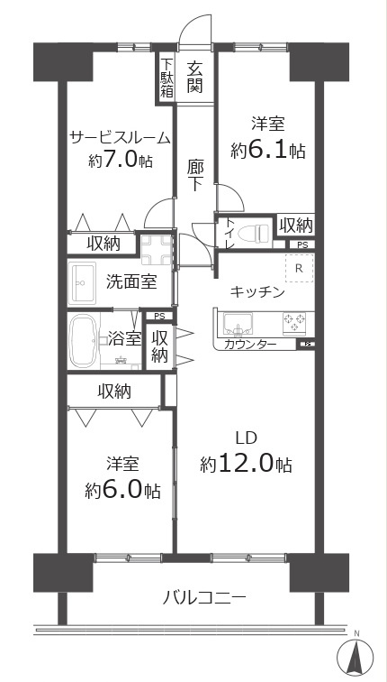 エクレール西所沢の間取り|全居室6帖以上、サービスルーム7帖あり、日当たり・眺望良好な11階部分のお部屋です。