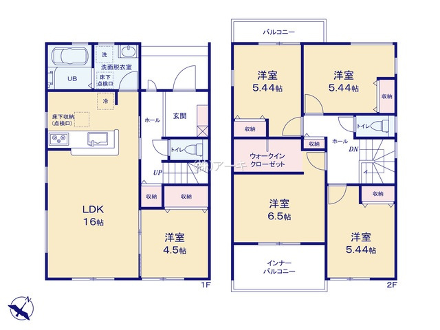 碧南市照光町五丁目1番『仲介手数料無料』新築一戸建て・建売の間取り|　1号棟1F:LDK16帖に隣接する洋室4.5帖はお子様の遊び場・奥様の家事室に便利！ホール収納♪2F:主寝室6.5帖　WIC設置！洋室5.44帖・洋室5.44帖・洋室5.44帖　CL設置♪ホール収納