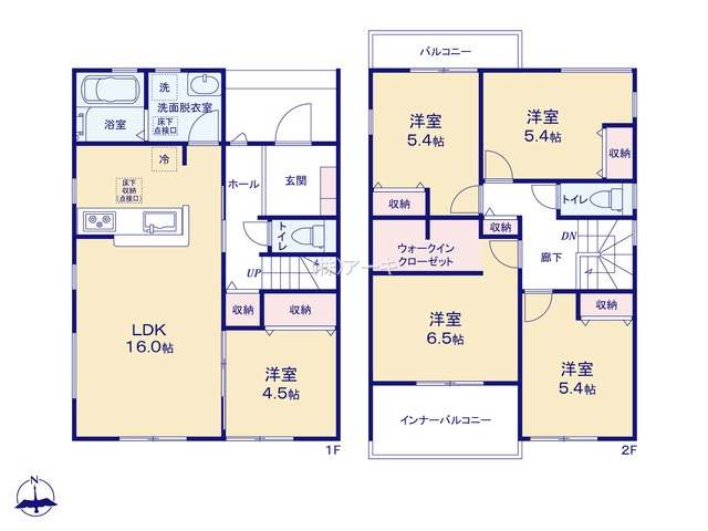 碧南市伊勢町1-71-1、71-2、71-3、71-4、72、76『仲介手数料無料』新築戸建ての間取り|　1号棟　1F:LDK16帖に隣接する洋室4.5帖はお子様の遊び場・奥様の家事室に便利！ホール収納♪2F:主寝室6.5帖　WIC設置！洋室5.4帖・洋室5.4帖・洋室5.4帖　CL設置♪ホール収納♪