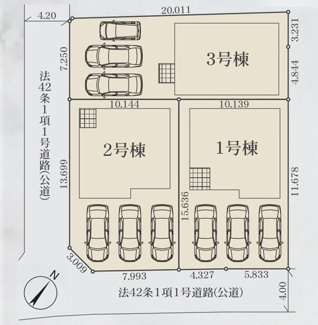 【区画図】 | 緑区大島  1号棟 3期 | 1号棟　南東側約4.0ｍ公道　駐車並列3台（車種によります）　敷地面積47.8坪